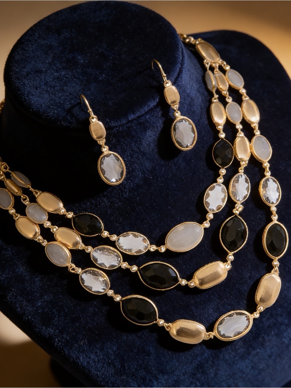 Ombre Black Faceted Resin Bib Necklace & Drop Earrings - Gold Tone